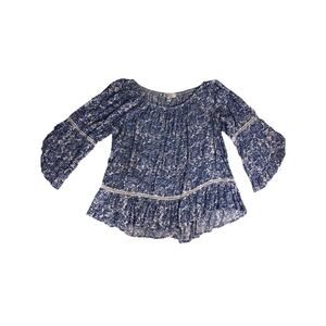 Large Blue and white paisley / floral pattern  top with bell sleeves.